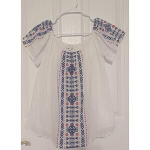 Cyrillus Paris Top Womens 38 White Blue Embroidery Boho